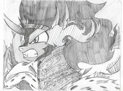 Size: 1040x769 | Tagged: safe, artist:petanoprime, king sombra, pony, umbrum, unicorn, g4, bust, cloak, clothes, grin, male, monochrome, signature, smiling, solo, sombra eyes, stallion, traditional art