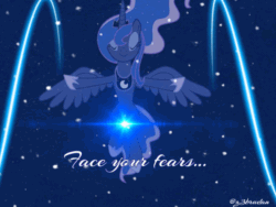 Size: 880x660 | Tagged: safe, artist:z3bradan, princess luna, alicorn, pony, g4, animated, blue background, female, gif, lens flare, loop, neon, quote, simple background, snow, solo, winter