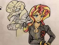 Size: 4032x3024 | Tagged: safe, artist:ponime11, sunset shimmer, anthro, equestria girls, g4, clothes, cosplay, costume, female, gold experience, human anthrodox, jojo's bizarre adventure, solo, stand, traditional art