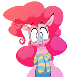 Size: 1125x1212 | Tagged: safe, artist:hattsy, pinkie pie, earth pony, pony, g4, c:, clothes, cute, diapinkes, female, hooves to the chest, looking at you, mare, no pupils, simple background, smiling, socks, solo, striped socks, white background