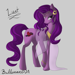 Size: 2000x2000 | Tagged: safe, artist:dreamyartcosplay, part of a set, oc, oc:lust, pony, unicorn, amorous, bedroom eyes, clothes, cutie mark, ear piercing, earring, female, flirting, heart, high res, jewelry, lust, mare, peytral, piercing, ponified, raised hoof, seductive, see-through, signature, sin of lust, smiling, solo, text