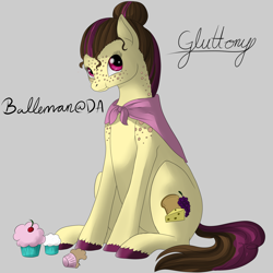 Size: 2000x2000 | Tagged: safe, artist:dreamyartcosplay, earth pony, pony, cape, clothes, cupcake, female, food, freckles, gluttony, hair bun, high res, mare, ponified, signature, sin of gluttony, sitting, solo, text, unshorn fetlocks