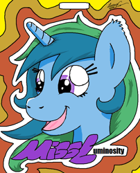 Size: 640x792 | Tagged: safe, artist:lucas_gaxiola, oc, oc only, oc:acrylic luminosity, pony, unicorn, abstract background, bust, horn, open mouth, smiling, text, unicorn oc