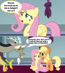 Size: 2000x2246 | Tagged: safe, edit, edited screencap, screencap, applejack, discord, fluttershy, draconequus, earth pony, pegasus, pony, g4, the ending of the end, angry, applejack is not amused, crying, discord tries to defend himself, ewww!!!, female, high res, implied std, mare, this will end in a trip to the free clinic, unamused