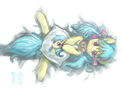 Size: 2048x1536 | Tagged: safe, artist:tinybenz, oc, oc only, oc:lrivulet, oc:zoran, oc:左岸, pony, blushing, bow, bowtie, hair bow, looking at you, lying down, pegasus oc, pillow, solo