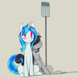 Size: 1000x1000 | Tagged: safe, artist:sinrar, dj pon-3, octavia melody, vinyl scratch, pony, g4, blushing, bus sign, cute, female, intertwined tails, lesbian, ship:scratchtavia, shipping, simple background, sketch, tail, tail hold