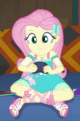 Size: 314x480 | Tagged: safe, screencap, fluttershy, equestria girls, g4, game stream, my little pony equestria girls: better together, :p, animated, animation error, controller, cropped, crossed legs, cute, eyeshadow, feet, female, fluttershy boho dress, gamershy, geode of fauna, gif, magical geodes, makeup, mlem, playing video games, sandals, shyabetes, silly, smugshy, solo, tongue out