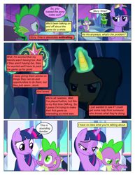 Size: 612x792 | Tagged: safe, artist:greatdinn, artist:newbiespud, edit, edited screencap, screencap, spike, sunset shimmer, twilight sparkle, alicorn, dragon, pony, unicorn, comic:friendship is dragons, g4, cloak, clothes, collaboration, comic, dialogue, element of magic, female, frown, glowing horn, horn, jewelry, looking down, magic, male, mare, screencap comic, telekinesis, tiara, twilight sparkle (alicorn), unicorn twilight, worried
