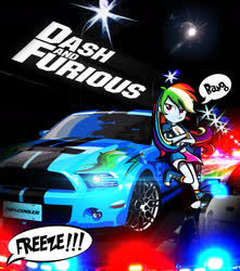Size: 1761x1992 | Tagged: safe, artist:dan232323, rainbow dash, equestria girls, g4, car, crossover, dialogue, fast and furious, female, mustang, parody, police, shelby gt500 mustang, solo, speech bubble, the fast and the furious