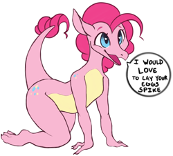 Size: 2450x2215 | Tagged: safe, artist:slimeprnicess, pinkie pie, dragon, g4, 4chan, dialogue, dragonified, drawthread, female, heart eyes, high res, implied impregnation, implied pinkiespike, implied shipping, implied spike, implied straight, pinkiedragon, simple background, soliciting, solo, species swap, speech bubble, text, white background, wingding eyes