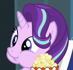 Size: 337x321 | Tagged: safe, screencap, starlight glimmer, pony, unicorn, g4, season 6, the crystalling, animated, aweeg*, bust, chewing, cropped, cute, eating, female, food, gif, glimmerbetes, popcorn, portrait, solo