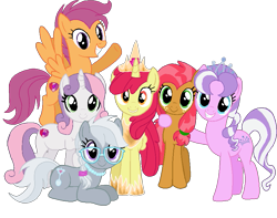 Size: 837x658 | Tagged: safe, artist:j-j-bases, artist:rainbineeoi, apple bloom, babs seed, diamond tiara, scootaloo, silver spoon, sweetie belle, alicorn, earth pony, pegasus, pony, unicorn, g4, growing up is hard to do, the last problem, twilight's kingdom, accessory, alicornified, base used, bloomicorn, crown, cutie mark crusaders, female, flying, glasses, hair tie, hoof around neck, hoof shoes, horn, jewelry, let the rainbow remind you, looking at you, mare, necklace, next generation, older, older apple bloom, older babs seed, older diamond tiara, older scootaloo, older silver spoon, older sweetie belle, prone, race swap, raised hoof, regalia, scootaloo can fly, simple background, smiling, tiara, transparent background, wall of tags, wings