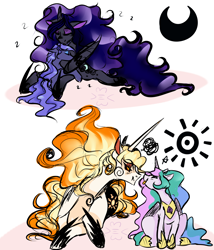 Size: 2600x3035 | Tagged: safe, artist:mew-vocaloid, daybreaker, nightmare moon, princess celestia, princess luna, alicorn, pony, crescent moon, duality, eyes closed, female, high res, mare, moon, onomatopoeia, profile, prone, royal sisters, siblings, simple background, sisters, sitting, sleeping, sound effects, sun, tongue out, white background, zzz