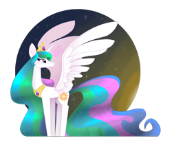 Size: 1280x1098 | Tagged: safe, artist:angiepeggy2114, princess celestia, alicorn, pony, g4, abstract background, circle background, crown, female, jewelry, mare, profile, regalia, simple background, sky, solo, spread wings, stars, transparent background, wings