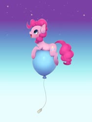 Size: 1024x1365 | Tagged: safe, artist:ayahana, pinkie pie, earth pony, pony, g4, balloon, cute, diapinkes, female, floating, gradient background, mare, open mouth, profile, prone, sky, solo, that pony sure does love balloons, then watch her balloons lift her up to the sky