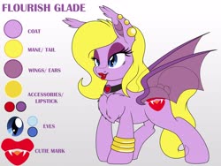 Size: 4000x3000 | Tagged: safe, artist:pananovich, oc, oc only, oc:flourish glade, bat pony, pony, bat pony oc, chest fluff, choker, ear piercing, fangs, female, lidded eyes, lipstick, mare, open mouth, piercing, reference sheet, ring, slit pupils, smiling, solo, spread wings, wings