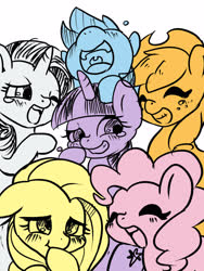 Size: 1200x1600 | Tagged: safe, artist:ayahana, applejack, fluttershy, pinkie pie, rainbow dash, rarity, twilight sparkle, pony, g4, crying, cute, eyes closed, female, floppy ears, laughing, laughingmares.jpg, limited palette, mane six, mare, nose in the air, open mouth, pixiv, simple background, smiling, tears of laughter, teary eyes, white background