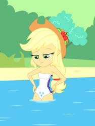 Size: 1536x2048 | Tagged: safe, artist:draymanor57, applejack, human, equestria girls, g4, bare shoulders, clothes, female, implied lesbian, implied rarijack, implied shipping, one-piece swimsuit, rarity's cutie mark, sleeveless, solo, strapless, swimsuit, water