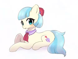 Size: 1600x1200 | Tagged: safe, artist:ayahana, coco pommel, earth pony, pony, g4, cocobetes, cute, female, looking at you, mare, prone, simple background, solo, white background