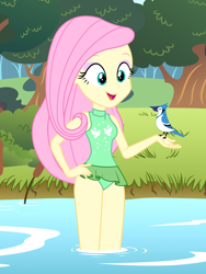 Size: 1536x2048 | Tagged: safe, artist:draymanor57, fluttershy, bird, human, equestria girls, g4, clothes, female, legs in the water, legs together, one-piece swimsuit, river, solo, swimsuit, watershy