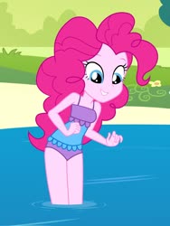 Size: 1536x2048 | Tagged: safe, artist:draymanor57, pinkie pie, human, equestria girls, g4, clothes, cute, diapinkes, female, lake, legs in the water, legs together, one-piece swimsuit, sleeveless, solo, swimsuit, water