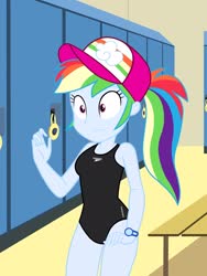 Size: 1536x2048 | Tagged: safe, artist:draymanor57, rainbow dash, equestria girls, g4, black swimsuit, clothes, female, locker room, one-piece swimsuit, solo, speedo, swimsuit
