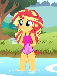 Size: 1536x2048 | Tagged: safe, artist:draymanor57, sunset shimmer, human, equestria girls, g4, clothes, female, one-piece swimsuit, outdoors, river, solo, swimsuit, tree