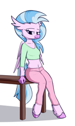 Size: 1920x3240 | Tagged: safe, artist:andelai, silverstream, avian, classical hippogriff, hippogriff, anthro, unguligrade anthro, g4, bedroom eyes, belly button, breasts, clothes, female, hooves, leaning back, looking at you, midriff, pants, purple eyes, shadow, short shirt, simple background, sitting, smiling, smiling at you, solo, table, tail, white background, wings