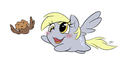 Size: 5500x3000 | Tagged: safe, artist:fakskis, derpy hooves, pegasus, pony, g4, 30 minute art challenge, blushing, chase, chibi, chubbie, cute, cutie mark, derpabetes, female, flying, food, muffin, open mouth, smol, solo, wings