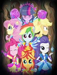 Size: 1884x2443 | Tagged: safe, alternate version, artist:samyvillaly, applejack, fluttershy, pinkie pie, rainbow dash, rarity, sci-twi, sunset shimmer, twilight sparkle, equestria girls, g4, my little pony equestria girls: legend of everfree, clothes, crystal, crystal guardian, everfree forest, female, geode of empathy, geode of shielding, geode of super speed, geode of super strength, geode of telekinesis, humane five, humane seven, humane six, magical geodes, photo, ponied up, suit, super ponied up