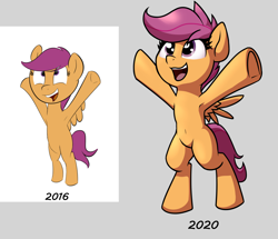 Size: 1792x1539 | Tagged: safe, artist:wenni, scootaloo, pegasus, pony, g4, 2016, 2020, armpits, art evolution, art progress, belly button, bipedal, blank flank, comparison, cute, cutealoo, draw this again, duo, female, filly, foal, gray background, happy, hooves in air, looking up, open mouth, open smile, redraw, self paradox, self ponidox, simple background, smiling, solo, spread wings, underhoof, wings