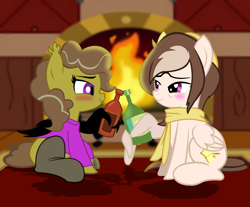 Size: 2600x2148 | Tagged: safe, artist:succubi samus, derpibooru exclusive, oc, oc only, oc:moon pearl, oc:rella, bat pony, pegasus, pony, blushing, bottle, clothes, cute, drinking, female, fireplace, high res, mare, new years eve, scarf, socks, thigh highs, wing hands, wings