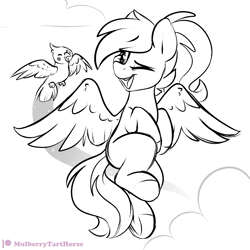 Size: 2000x2000 | Tagged: safe, artist:mulberrytarthorse, oc, oc only, oc:acela, bird, pegasus, pony, female, flying, high res, mare, monochrome, one eye closed, patreon, patreon logo, pet, smiling, solo