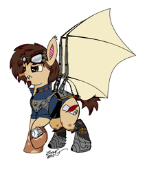 Size: 1260x1492 | Tagged: safe, alternate version, artist:lucas_gaxiola, oc, oc only, bat pony, pony, amputee, artificial wings, augmented, bat pony oc, clothes, colored, goggles, mechanical wing, prosthetic limb, prosthetics, raised hoof, signature, solo, watch, wings