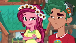 Size: 1920x1080 | Tagged: safe, screencap, gloriosa daisy, timber spruce, equestria girls, g4, my little pony equestria girls: legend of everfree, camp everfree outfits, clothes, female, flower, flower in hair, geode of fauna, geode of shielding, geode of sugar bombs, geode of super speed, geode of super strength, magical geodes, male, microphone