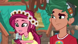 Size: 1920x1080 | Tagged: safe, screencap, gloriosa daisy, timber spruce, equestria girls, g4, my little pony equestria girls: legend of everfree, camp everfree outfits, clothes, female, flower, flower in hair, male, microphone