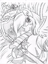 Size: 2550x3425 | Tagged: safe, artist:petanoprime, oc, oc only, oc:emily, pegasus, pony, female, grin, high res, mare, pegasus oc, shield, signature, smiling, solo, sword, text, traditional art, weapon, wings