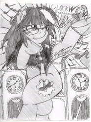 Size: 2550x3431 | Tagged: safe, artist:petanoprime, oc, oc only, oc:clockwork resonance, earth pony, pony, clock, ear piercing, earring, earth pony oc, glasses, high res, hoof hold, jewelry, music notes, piercing, signature, solo, traditional art