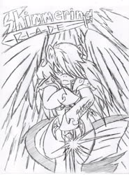 Size: 2550x3450 | Tagged: safe, artist:petanoprime, oc, oc only, oc:shimmering blade, pegasus, pony, frown, high res, male, pegasus oc, signature, spread wings, stallion, sword, text, traditional art, weapon, wings