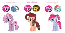 Size: 1280x648 | Tagged: safe, artist:littsandy, cheese sandwich, pinkie pie, pokey pierce, rainbow dash, oc, oc:color light, oc:gingerbread, oc:sweet glitter, earth pony, pegasus, pony, unicorn, g4, base used, candy in hair, female, filly, half-siblings, lesbian, magical lesbian spawn, male, offspring, parent:cheese sandwich, parent:pinkie pie, parent:pokey pierce, parent:rainbow dash, parents:cheesepie, parents:pinkiedash, parents:pokeypie, ship:cheesepie, ship:pinkiedash, ship:pokeypie, shipping, simple background, straight, white background