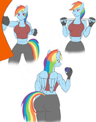 Size: 792x1008 | Tagged: safe, artist:afhybrid, rainbow dash, anthro, g4, abs, breasts, busty rainbow dash, clothes, curvy, female, fingerless gloves, gloves, hourglass figure, midriff, muscles, punch, punching bag, rainbuff dash, simple background, solo, sweat, tank top, water bottle, weight lifting, white background, workout, workout outfit