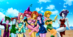 Size: 4154x2137 | Tagged: safe, alternate version, artist:mauroz, applejack, fluttershy, pinkie pie, rainbow dash, rarity, spike, sunset shimmer, twilight sparkle, human, g4, armpits, blushing, breast grab, breasts, cleavage, clothes, digital art, female, grope, happy new year, holiday, humanized, lesbian, mane six, ship:sunsetpie, shipping, smiling