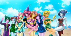 Size: 4154x2137 | Tagged: safe, alternate version, artist:mauroz, applejack, fluttershy, pinkie pie, rainbow dash, rarity, spike, sunset shimmer, twilight sparkle, human, g4, armpits, blushing, breast grab, breasts, clothes, digital art, female, grope, happy new year, holiday, humanized, lesbian, mane six, ship:sunsetpie, shipping, smiling