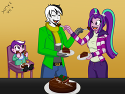 Size: 2000x1500 | Tagged: safe, artist:drake-rex, aria blaze, oc, oc:malicore, oc:melody blaze, equestria girls, g4, ariore, baby, cake, canon x oc, christmas, commission, couple, female, food, holiday, male, offspring, parent:aria blaze, parent:oc:malicore, parents:ariore, parents:canon x oc, shipping, straight, trio