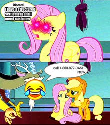 Size: 719x813 | Tagged: safe, edit, edited screencap, screencap, applejack, discord, fluttershy, g4, the ending of the end, advertisement, angry, applejack is not amused, crying, deep fried meme, discord tries to defend himself, glowing eyes, h, j.g. wentworth, meme, op needs sleep, sad, structured settlement, stupid, unamused, 👌, 😂
