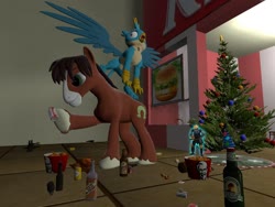 Size: 1024x768 | Tagged: safe, artist:horsesplease, gallus, trouble shoes, earth pony, griffon, pony, g4, 3d, christmas, christmas tree, crowing, drunk, drunken shoes, engineer, food, gallus the rooster, gmod, griffon on top of pony, griffon on top of pony action, holiday, kfc, meat, tree, unshorn fetlocks