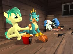 Size: 1024x768 | Tagged: safe, artist:horsesplease, gallus, party favor, sandbar, bird, chicken, earth pony, griffon, pony, raven (bird), unicorn, g4, 3d, cooked, dead, doggie favor, eating, food, gallus the rooster, gmod, griffons doing griffon things, kfc, meat, ponies eating meat, that griffon sure does love kfc