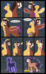 Size: 5000x8000 | Tagged: safe, artist:chedx, flash sentry, trouble shoes, oc, oc:fast hooves, clydesdale, earth pony, pegasus, pony, comic:the fusion flashback, g4, butt, comic, commissioner:bigonionbean, confused, dialogue, flank, forced, fuse, fusion, fusion:flash sentry, fusion:trouble shoes, large butt, magic, merging, panicking, plot, potion, swelling, writer:bigonionbean