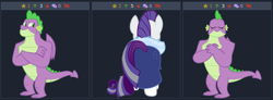 Size: 762x279 | Tagged: safe, screencap, rarity, spike, dragon, pony, unicorn, g4, the last problem, butt, clothes, gigachad spike, older, older rarity, older spike, plot, rearity, skunk stripe, tail, winged spike, wings