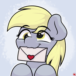 Size: 2160x2160 | Tagged: safe, artist:ljdamz1119, derpy hooves, pegasus, pony, eye clipping through hair, female, happy, letter, mare, mouth hold, smiling, solo